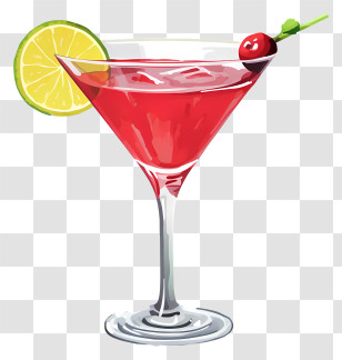 Martini - Cocktail Glass With Lime And Cherry Garnish Transparent PNG
