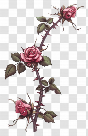 Rose Thorns - Thorny Stem With Blooming Pink Roses Transparent PNG