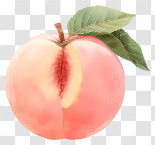 Watercolor Peach - Juicy Pink Peach With Leaves Transparent PNG