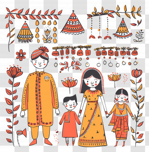 Indian Wedding - Family In Traditional Clothing With Decorative Elements Transparent PNG