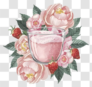 Pink Colored Liquid - Glass With Flowers And Strawberries Transparent PNG