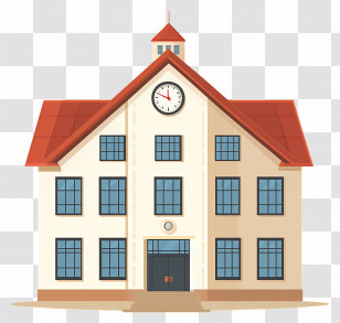 Cartoon School - Classic School Building With Red Roof Transparent PNG
