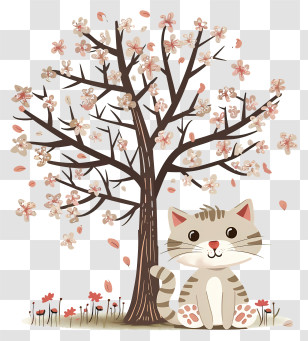 Cat Under Tree - Cute Cat And Blossom Tree Transparent PNG