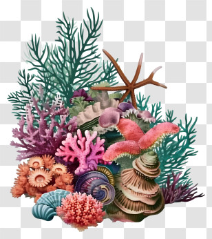 Flat Coral Reef - Vibrant Coral Reef Composition Illustration Transparent PNG