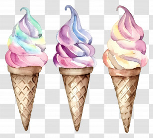 Ice Cream Cone - Watercolor Ice Cream Cones With Colorful Swirls Transparent PNG