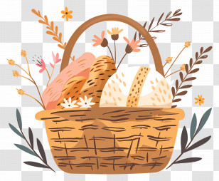 Bread Basket - Wicker Basket With Bread And Flowers Transparent PNG