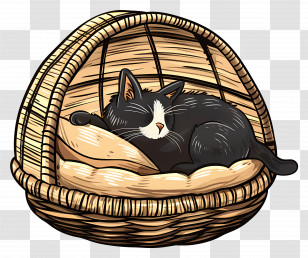 Cat Bed - Black Cat Sleeping In Basket Transparent PNG