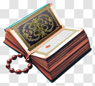 Holy Book Of Koran And Pray Beads - Open Book With Beads Transparent PNG