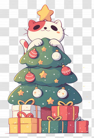 Christmas Cat - Cartoon Cat On Christmas Tree With Gifts Transparent PNG