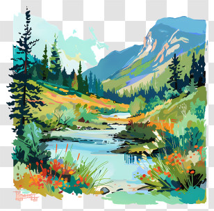 Landscape Painting - Beautiful Colorful Mountain Landscape Illustration Transparent PNG