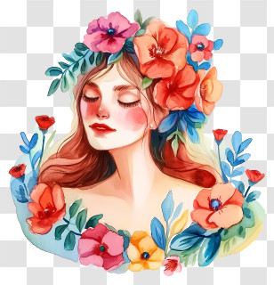 Watercolor Woman And Flowers - Artistic Woman With Vibrant Flower Crown Transparent PNG