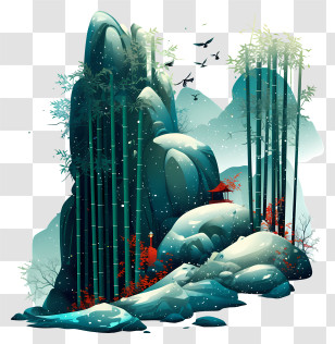 Snowy Bamboo Grove - Bamboo Mountain Serene Landscape Transparent PNG