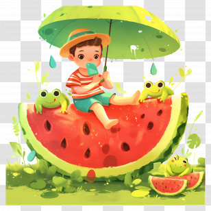 Watermelon Poster - Playful Child On Watermelon With Frog Friends And Umbrella Transparent PNG