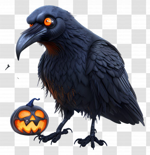 3d Raven - Black Crow With Halloween Pumpkin Transparent PNG