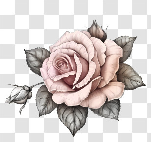 Doodle Rose And Paper - Elegant Pink Rose With Leaves Illustration Transparent PNG
