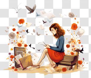Woman Reading Book - Woman Reading Amid Scattered Artistic Elements Transparent PNG