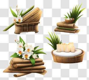 Wood And Bamboo Objects - Bamboo Spa Decor With Candles And Orchid Flowers Transparent PNG