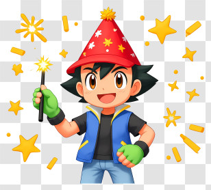Ash Ketchum New Year - Party Boy With Magic Wand Transparent PNG
