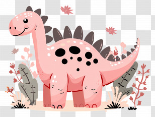Cartoon Dinosaur - Cute Pink Dinosaur With Foliage Transparent PNG