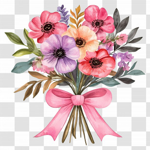 Pink Bouquet - Colorful Flower Bouquet With Pink Ribbon Transparent PNG