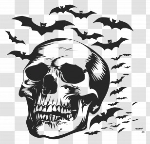 Halloween Silhouette - Spooky Skull And Bats Illustration For Halloween Transparent PNG