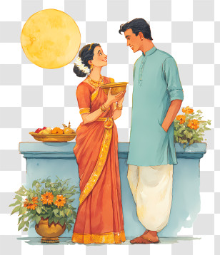 Karwa Chauth - Couple Celebrating Under Moon Transparent PNG