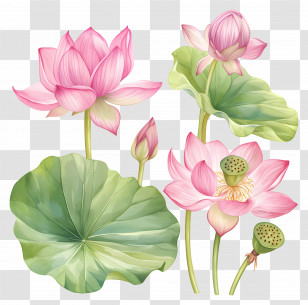 Pink Lotus Flowers - Pink Lotus Flowers And Green Foliage Transparent PNG