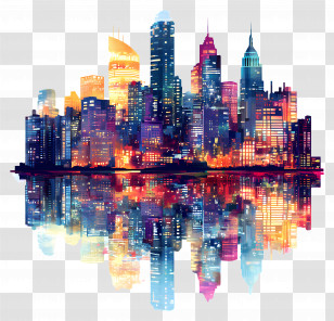 City Of Lights - Colorful Skyline Of City Reflection Transparent PNG