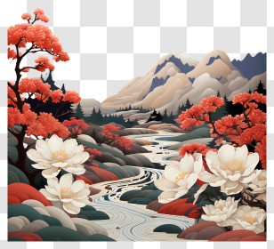 Mountains - Serene Nature Painting With Flowers And Mountains Transparent PNG