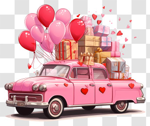 Sketch Valentine Vehicle - Pink Car With Balloons And Gifts Transparent PNG