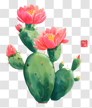 Cactus Ink Painting - Cactus With Pink Flowers Transparent PNG
