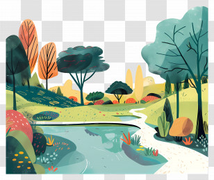 Park Landscape - Serene Scenic Illustration With Pond And Trees Transparent PNG
