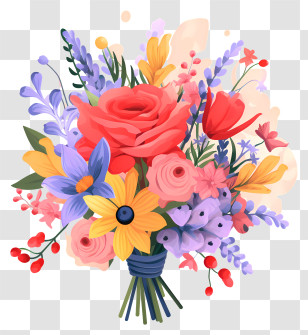 Bouquet - Elegant Bouquet With Red Roses And Vibrant Flowers Transparent PNG