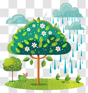 Spring - Green Tree Under Rainy Weather Illustration Transparent PNG