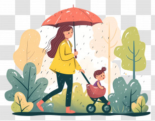 Mother And Child - Mother Pushing Stroller Under Red Umbrella In Rain Transparent PNG