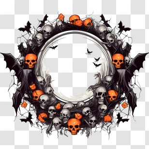 Halloween Frame - Halloween Wreath With Skulls And Bats Transparent PNG
