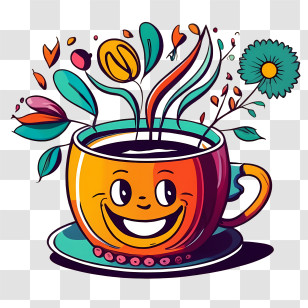 Cartoon Coffee Cup - Cheerful Coffee Cup Cartoon With Floral Design Transparent PNG