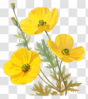 Primrose Flower - Bright Yellow Poppy Flowers Botanical Art Transparent PNG
