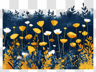 Meadows - Artistic Yellow And Blue Flower Field Transparent PNG