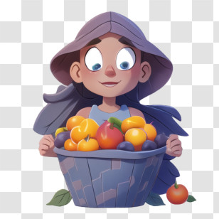 Cartoon - Girl Holding Basket Of Fruits Transparent PNG