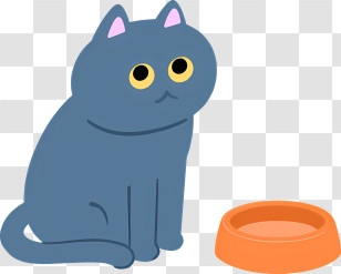 Grey Cat - Cute Cartoon Cat With Feeding Bowl Transparent PNG