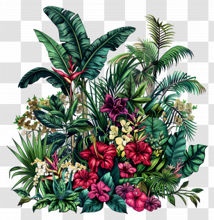 Tropical Rainforest - Lush Tropical Plants With Colorful Flowers Transparent PNG