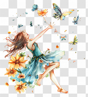 Girl - Girl With Butterflies And Flower Design Illustration Transparent PNG