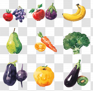 Vegetables And Fruits - Watercolor Fruit And Vegetable Assortment Transparent PNG