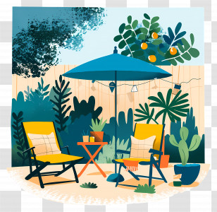Summer Backyard - Colorful Garden Scene With Chairs And Umbrella Transparent PNG