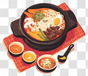 Korean Food - Hot Pot With Tasty Side Dishes Illustration Transparent PNG