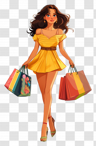 Shopping Girl - Shopping Girl In A Yellow Dress With Bags Transparent PNG