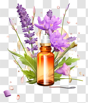 Sketch Flower Essences Therapy - Amber Bottle With Purple Flowers And Lavender Transparent PNG