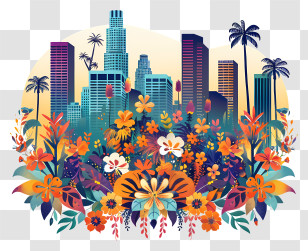 Los Angeles - Colorful Cityscape With Flowers Transparent PNG