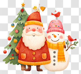 Santa Claus And Snowman - Santa And Snowman With Christmas Tree Transparent PNG